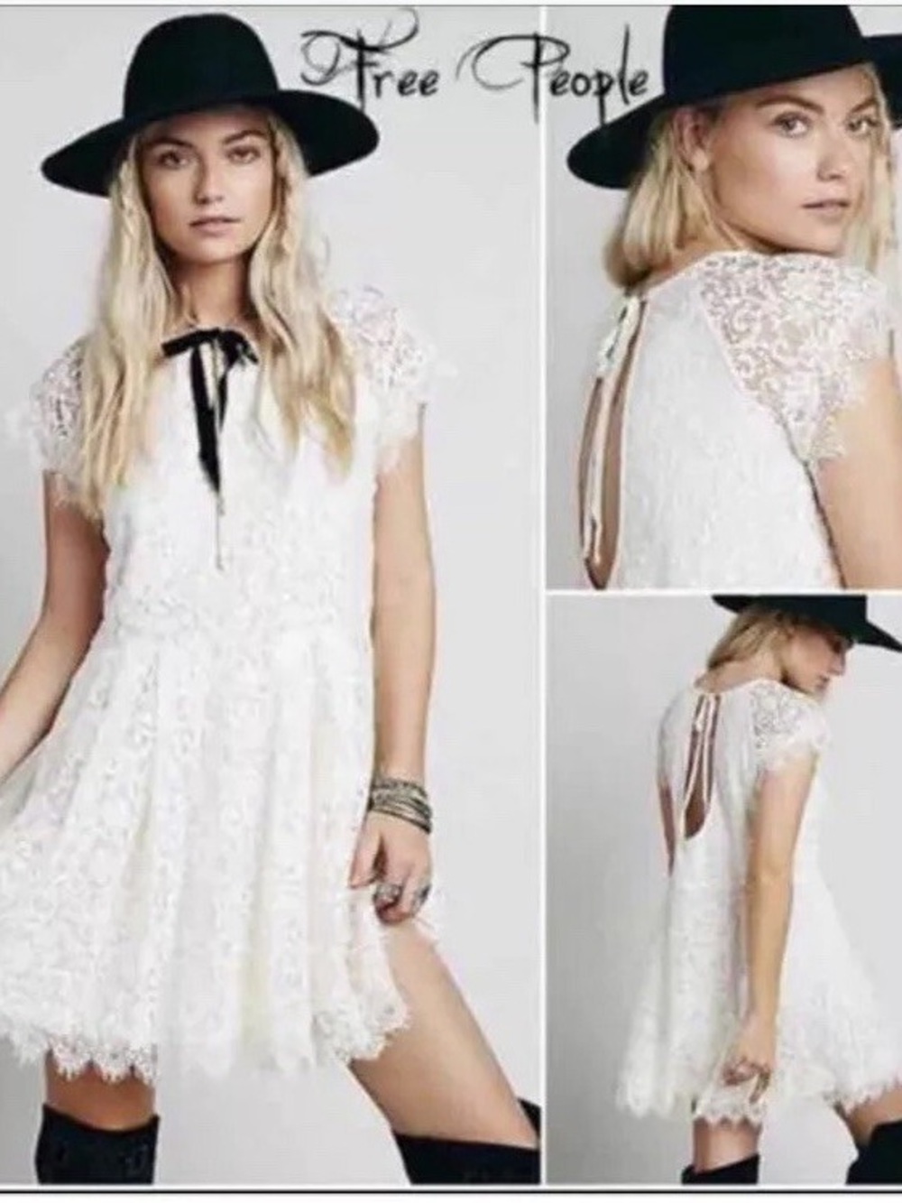Free People Stardust Lace Mini Dress Cream Boho Cottagecore sz L